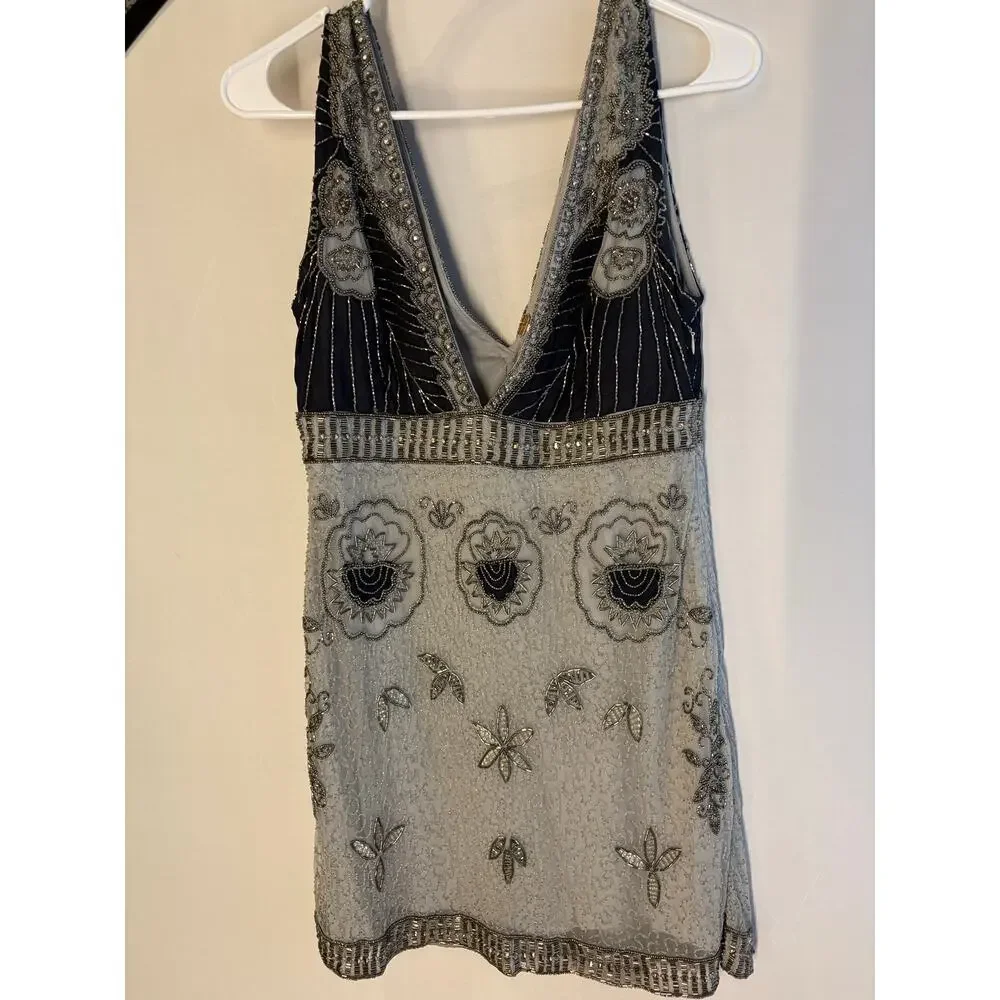 Free People Silver and Navy Beaded Mini Dress
